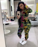 Ladies camouflage long-sleeved cardigan zipper top casual sports two-piece suit MOM5057