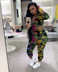 Ladies camouflage long-sleeved cardigan zipper top casual sports two-piece suit MOM5057