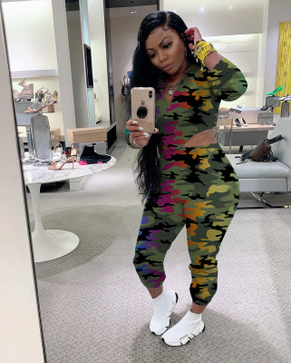 Ladies camouflage long-sleeved cardigan zipper top casual sports two-piece suit MOM5057