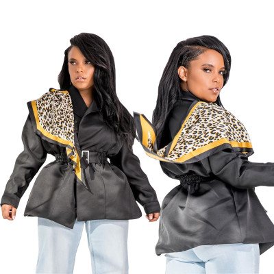 Unique Long Sleeved Cardigan Black Coat With Leopard Kerchief HY5118