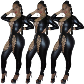 Clubwear PU Leather Tight Bandage Jumpsuit DN8180