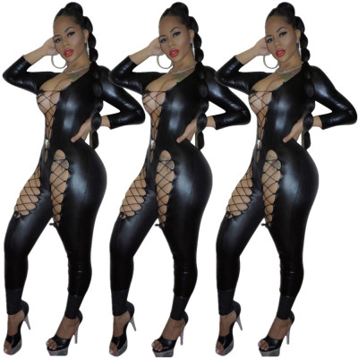 Clubwear PU Leather Tight Bandage Jumpsuit DN8180