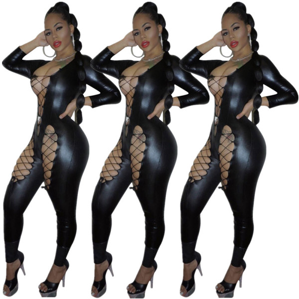 Clubwear PU Leather Tight Bandage Jumpsuit DN8180