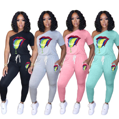 Sports Lips Printed One Shoulder Lace Up Jumpsuits LAL3200
