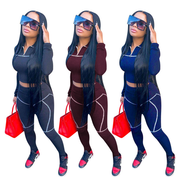 Womens zipper pit strip cloth two-piece suit ED8305