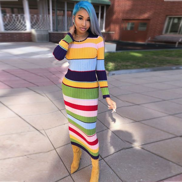 Trendy Color Patchwork Mid Waist Ankle Length Dress ORY5052