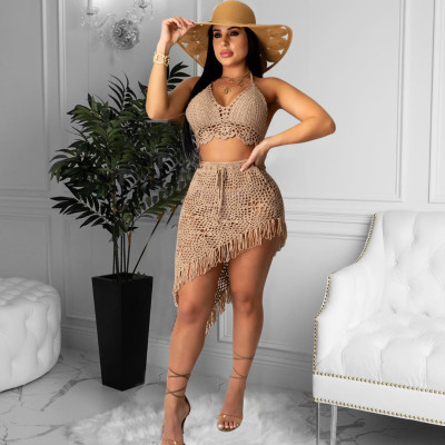 Sexy Lace Backless Suspenders Irregular Hollow Out Tassel Drawstring Skirts 2 Pcs Dress Sets ZSC070