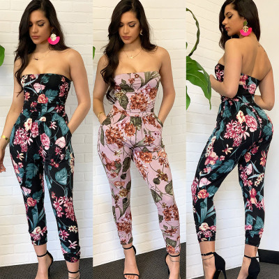 Fashion Floral Print Strapless Tight Jumpsuit With Pockets KF89