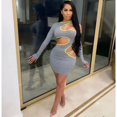 Sexy Hollow Out Backless Long Sleeves Bodycon Mini Dress S6246