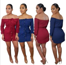 Fashion Solid Color Off Shoulder Long Sleeves Mini Dress N9248