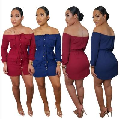 Fashion Solid Color Off Shoulder Long Sleeves Mini Dress N9248