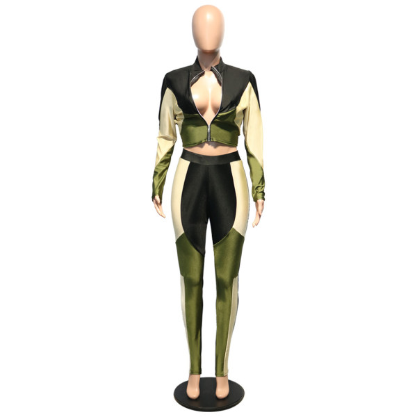 Color Block Women Tracksuits Zipper Crop Top Tight Pants MA6267