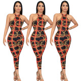 Backless Sexy Chain Printing Sleeveless Tight Jumpsuit KK8031
