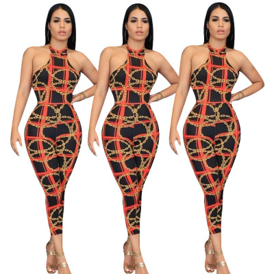 Backless Sexy Chain Printing Sleeveless Tight Jumpsuit KK8031