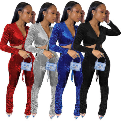 Sexy Gold Velvet V-Neck Long Sleeves Drawstring Cropped Top With Pleated Pants Two Piece Set Q1009