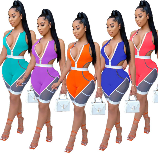 Sexy Contrast Stitching Zipper V-Neck Sleeveless Hollow Out Jumpsuit LA3218