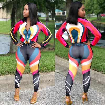 Latest Colorful Track Suits Zipper Coat Pencil Pants HHM6037