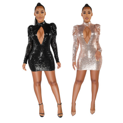 Sexy Bodycon Sequin Dress Long Sleeves Ladies Clubwear SMR9375