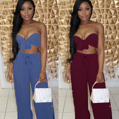 Hot Solid Sets Sexy Strapless Top Loose Wide Leg Jumpsuit KF96
