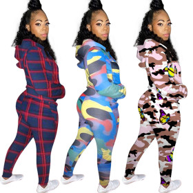 Printed casual two-piece suit with hood F8301