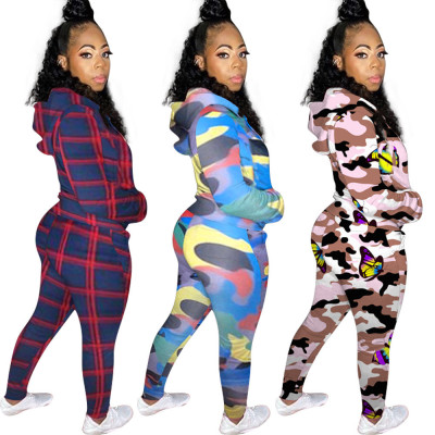 Printed casual two-piece suit with hood F8301