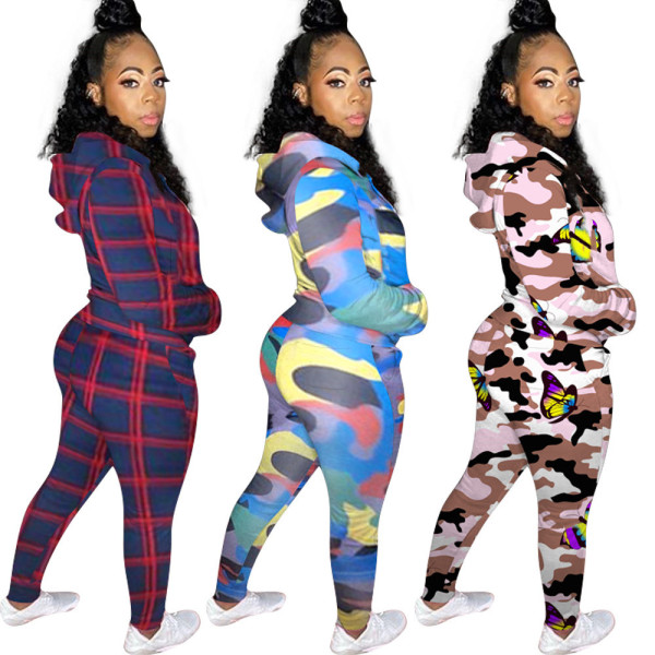 Printed casual two-piece suit with hood F8301