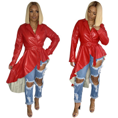 Red Long Sleeve Pu Leather Dress Ruffled Coat With Belt QZ5362