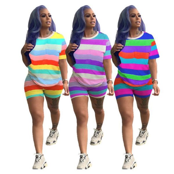 Polyester Rainbow Stripe 2 Pieces Sport Outfits MTY6198