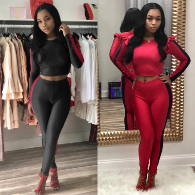 Women Leisure Crop Tops Slim Pants 2 Pieces Sets MR159