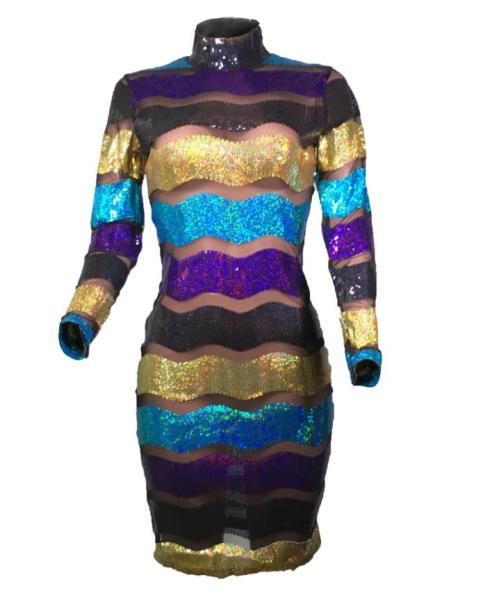 Sexy Mesh Striped Sequin Bodycon Dress BS-1020
