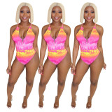 Fashion Tie-Dye V Collar One-Piece Condole Belt Swimwear BS1103