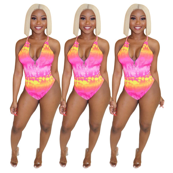Fashion Tie-Dye V Collar One-Piece Condole Belt Swimwear BS1103