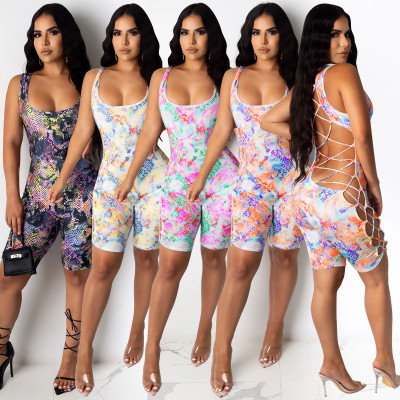 Sexy back tie tie-dyed openwork jumpsuit ALS180