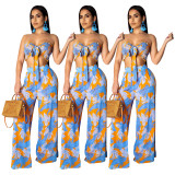Sexy Bandeau Tops Flower Print Wide Leg Pants Sets SDD9080