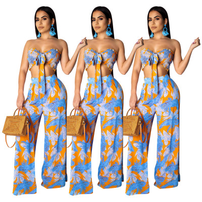 Sexy Bandeau Tops Flower Print Wide Leg Pants Sets SDD9080