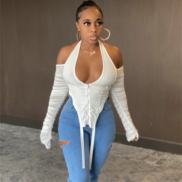 Sexy Solid Color Zipper V-Neck Strapless Backless Mesh Sleeves Mini Top K20546T