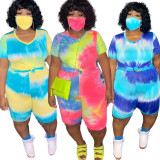 Casual Coloring Printed V-Neck T-Shirt With Shorts Plus Size Two Piece Set With Mask AJ4206