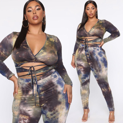 Tie-dye printed straps sexy tight two-piece suit large size suit OSS20642