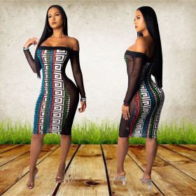 Latest Printing Mesh Patchwork Strapless Midi Dress CM276