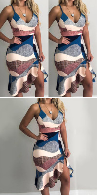 Low-cut strap V-neck ruffled hip dress ZC3254