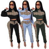 Leopard Print Splicing Hiking Sets Zipper Crop Top Tight Pants ZH5150