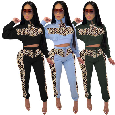 Leopard Print Splicing Hiking Sets Zipper Crop Top Tight Pants ZH5150