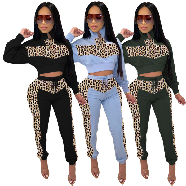 Leopard Print Splicing Hiking Sets Zipper Crop Top Tight Pants ZH5150