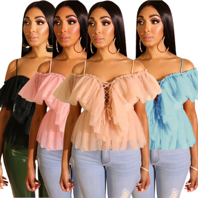 Fashion Pure Color V Neck Mesh Spaghetti Strap Top L0280