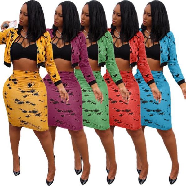 Bodycon Printing Autumn Suits Zipper Short Coat Midi Skirt ARM8025
