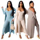 Autumn Solid Color Suspenders Jumpsuit With Long Cardiagn Two Piece Set  DL1133