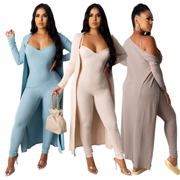 Autumn Solid Color Suspenders Jumpsuit With Long Cardiagn Two Piece Set DL1133