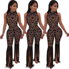 See Through Diamond Sleeveless Jumpsuits With Tassels ED8052