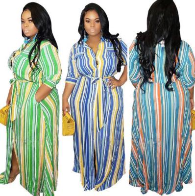 Striped cardigan big swing skirt with belt large size women's dress OSS20733