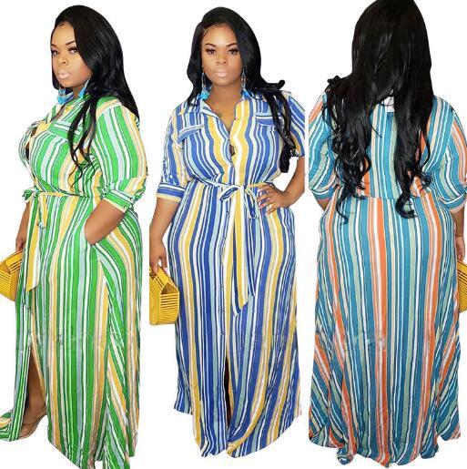 Striped cardigan big swing skirt with belt large size women's dress OSS20733